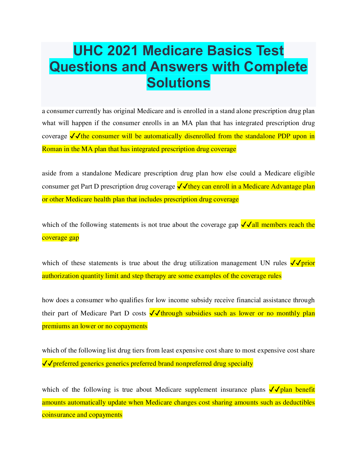 Preview image for UHC 2021 Medicare Basics Test Questions and Answers with Complete Solutions